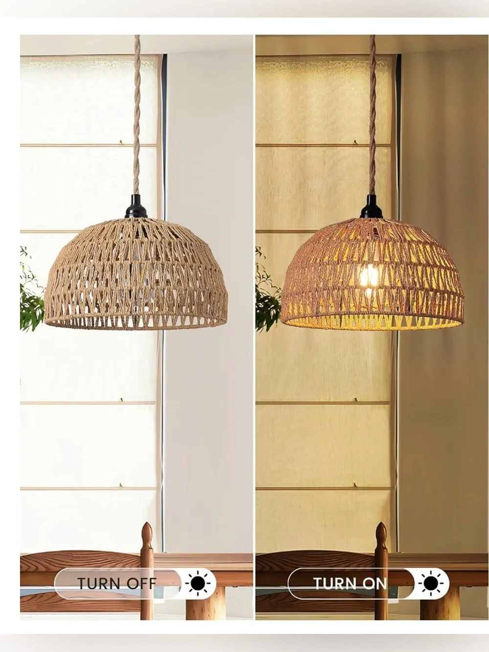 Rattan Hanging Lamp,Boho Pendant Lights,Plug In Cord
